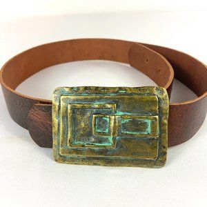 PAPA & K Los Angeles Brown Leather Belt with Brass Patina Buckle Size M Western